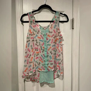 Candies Sheer Neon Sunglasses Print Flowy Button Tank Top Beach Travel Size S